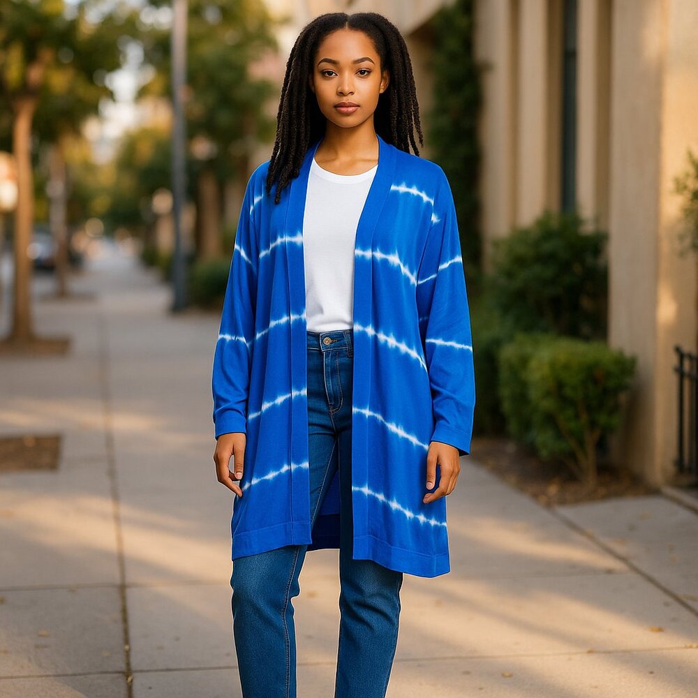 Chicos Blue & White Tie-Dye Open Front Cardigan Lightweight Long Sleeve M